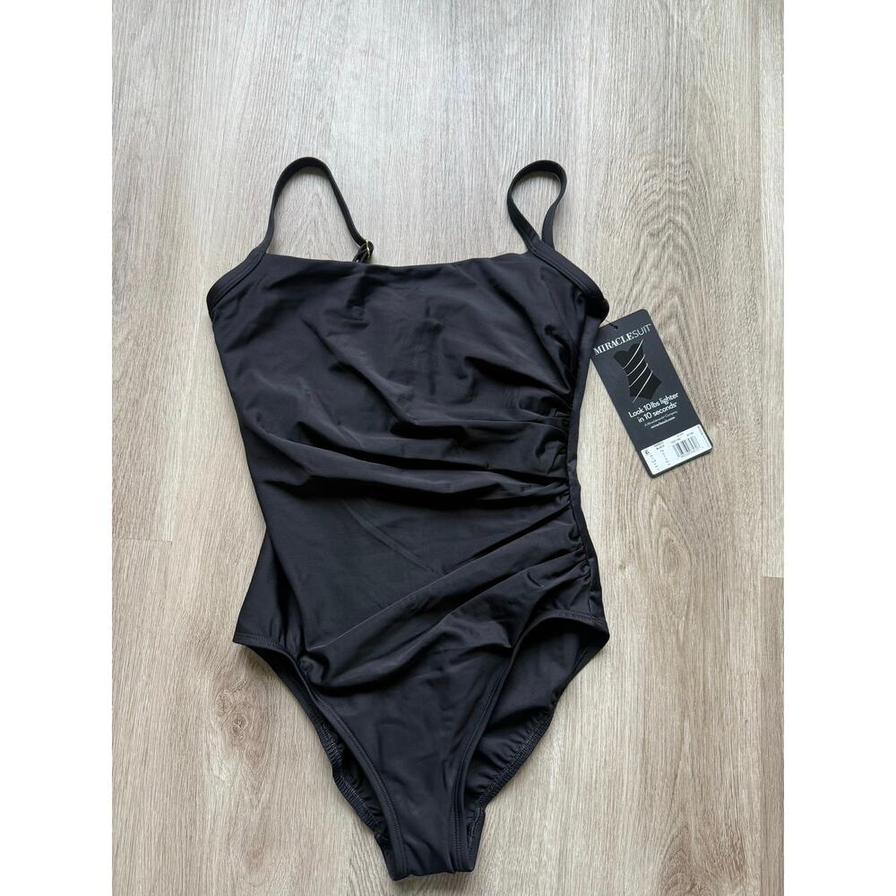 MiracleSuit, Black, size 10 one piece swimsuit, Ruched, NWT, Swim